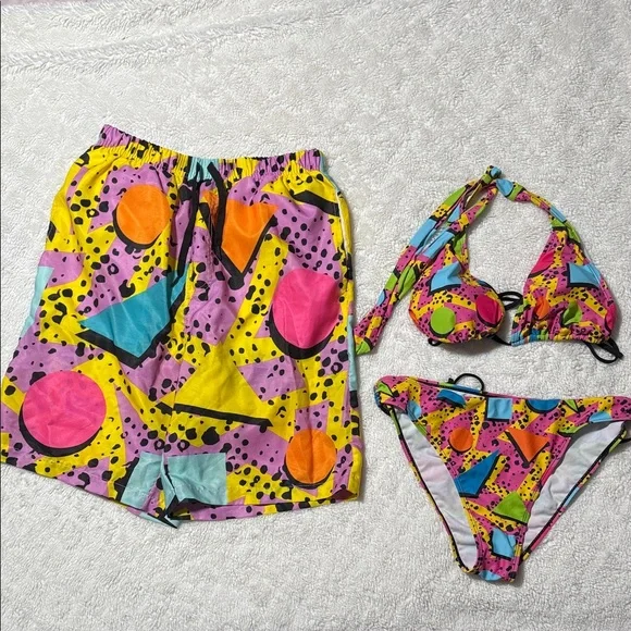 Matching Couples Swimsuit 90’s Theme: Colorful Geometric Bikini Set with Shorts - Picture 1 of 4